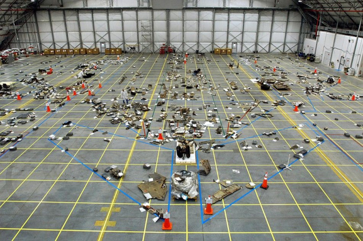 NASA handout photo of Columbia debris in a hanger at Kennedy Space Center