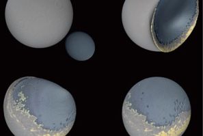 Four snapshots from the computer simulation of a collision between the moon and a smaller companion moon