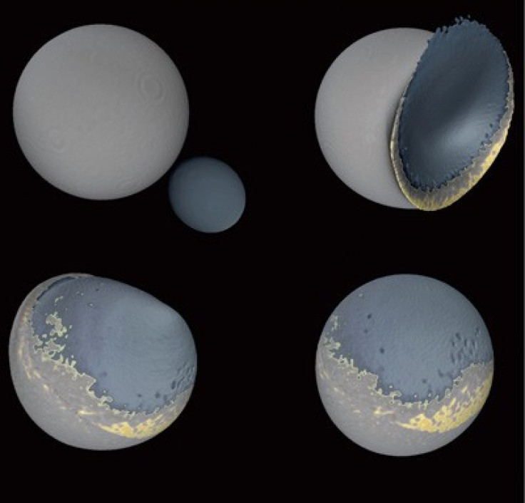 Four snapshots from the computer simulation of a collision between the moon and a smaller companion moon