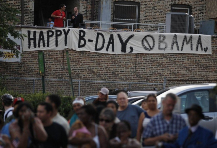 A banner wishes U.S. President Barack Obama happy birthday in Chicago