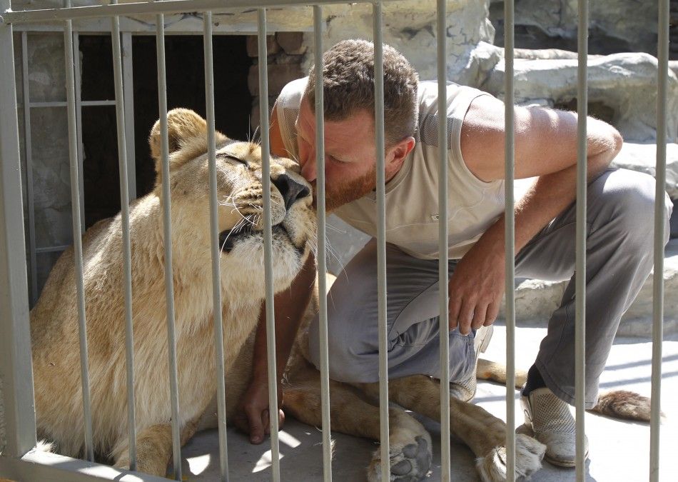 Zoo owner Pylyshenko kisses female African lion Katya inside a cage at a private zoo situated in his yard in Vasilyevka