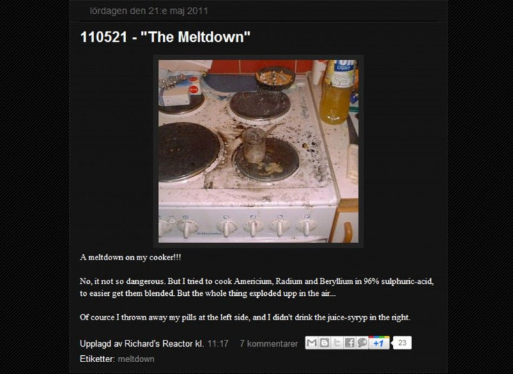 A webpage from the blog written by Richard Handl documenting his experiments to build a nuclear reactor in his kitchen in Angelholm