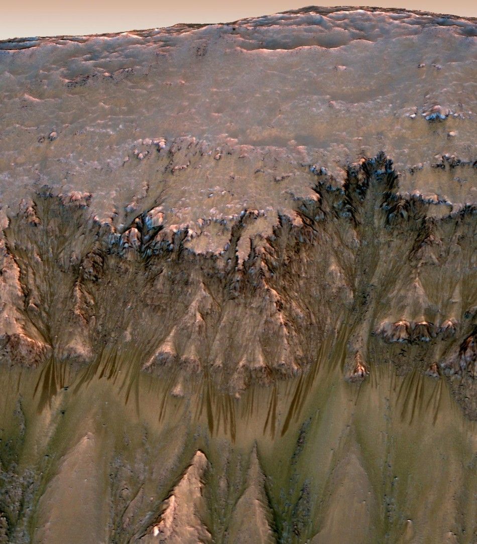 Water flows that appear in spring and summer on a slope inside Mars039 Newton crater are shown in this combination of orbital imagery with 3-D modeling in this NASA handout photo