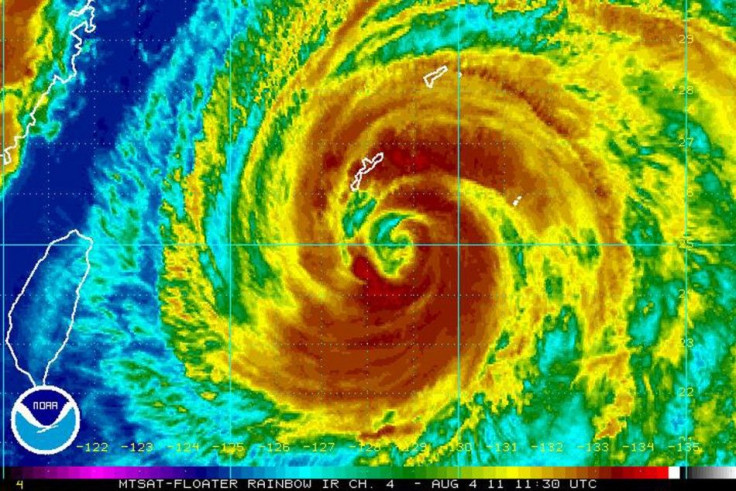 A weather satellite image obtained from the National Oceanic and Atmospheric Administration shows Typhoon Muifa near Okinawa at 1130 GMT