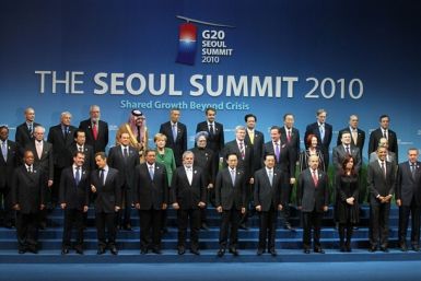 G20 leaders stand for a group photo at the COEX convention center in Seoul on November 12, 2010.
