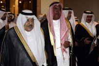 Saudi Interior Minister Prince Nayef, Kuwaiti Interior Minister Sheikh Jaber Khaled and Bahriani Interior Minister Sheikh Rashed walk together before a GCC interior ministers meeting in Riyadh