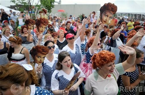 People take part in attempt to set a new Guinness world record for most Lucy Ricardo lookalikes assembled in one place, in Jamestown