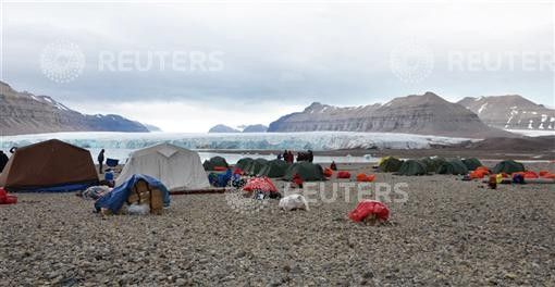 The camp where a polar bear attacked a group of British campers on Friday is seen in Spitsbergen