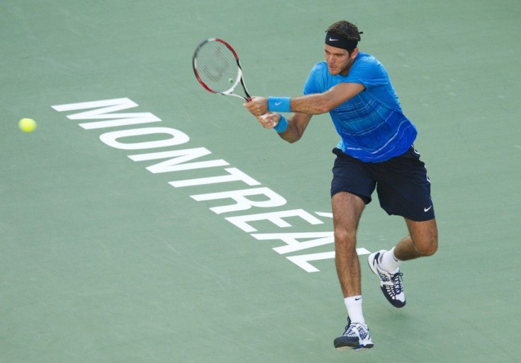 Argentina's del Potro hits return to Finland's Nieminen at the Rogers Cup tennis tournament in Montreal