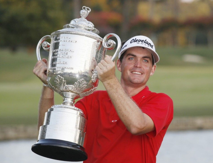 Keegan Bradley of the U.S. holds the Wanamaker Trophy after he won the 93rd PGA Championship golf tournament at the Atlanta Athletic Club in Johns Creek