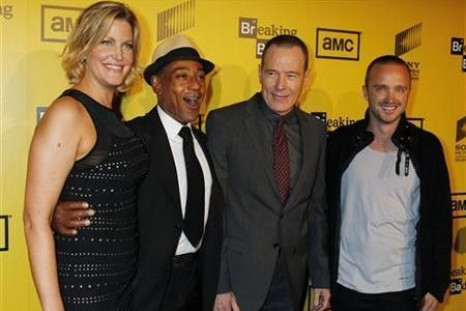 Cast members (L-R) Anna Gunn, Giancarlo Esposito, Bryan Cranston and Aaron Paul of AMC&#039;s drama television series &#039;Breaking Bad&#039; pose as they arrive for the premiere screening for the show&#039;s fourth season in Hollywood, California