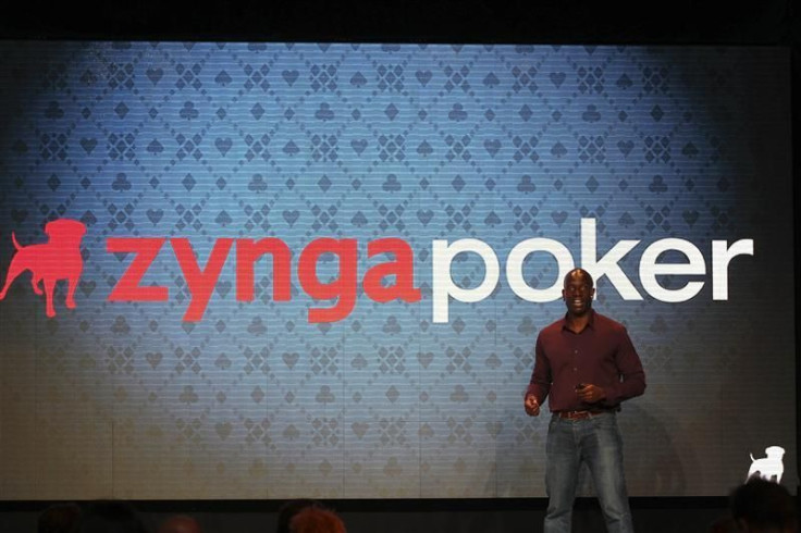 Man on stage at the Zynga Unleashed event at the company&#039;s headquarters in San Francisco.