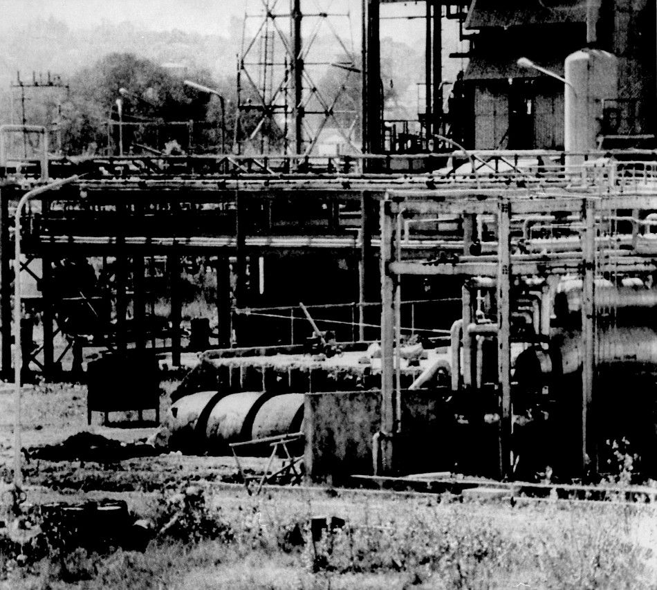 The underground three-flanged stainless steel tank lower left foreground at Union Carbides Bhopal factory from which poison gas leaked last December, killing 2,500