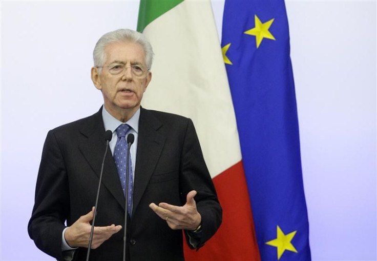 Italian Prime Minister Monti speaks during a news conference on the new austerity package in Rome