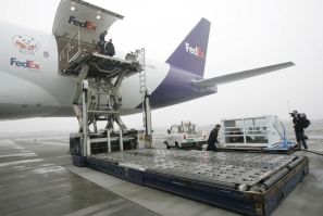 Staffs transport giant panda Yang Guang in a FedEx container onto the plane at Chengdu Shuangliu International Airport