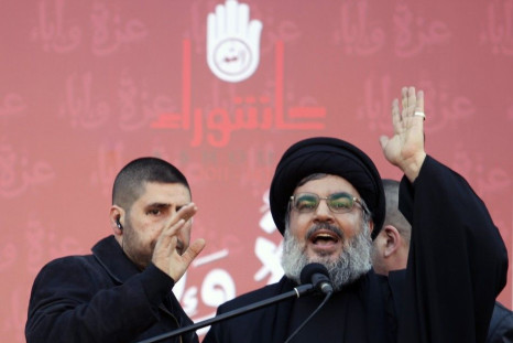 Lebanon's Hezbollah leader Hassan Nasrallah speaks during a Muharram procession to mark Ashoura in Beirut