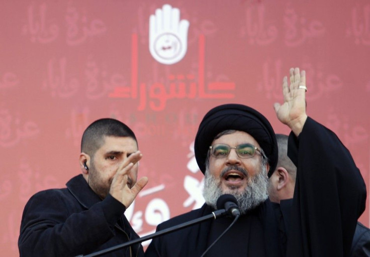 Lebanon's Hezbollah leader Hassan Nasrallah speaks during a Muharram procession to mark Ashoura in Beirut