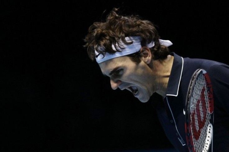 Roger Federer of Switzerland reacts during ATP World Tour Finals semi-final tennis match against Davydenko of Russia in London on 28/11/2009.