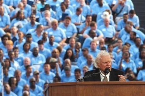 Evangelist Billy Graham speaks during the final day of his Crusade at Flushing Meadows Park in New York