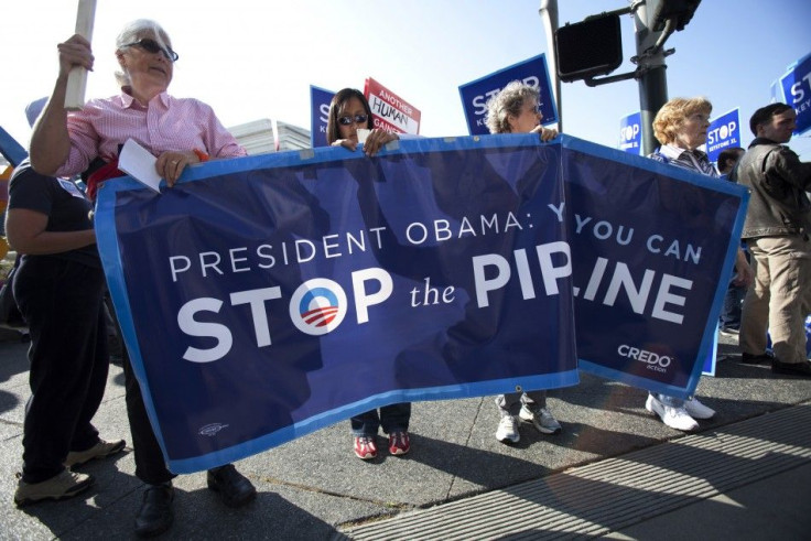 Demonstrators rally against the controversial Keystone XL oil pipeline outside President Barack Obama&#039;s fundraiser at the W Hotel in San Francisco