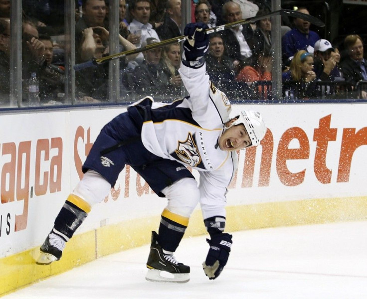 Predators&#039; Tootoo celebrates his goal against Maple Leafs during the first period of their NHL hockey game in Toronto