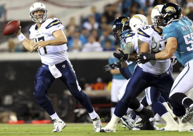 Chargers&#039; Rivers drops back for a pass during the first half of their NFL Monday night football game against the Jaguars in Jacksonville