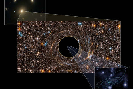 The black hole discovered in the galaxy NGC 3842 dwarfs our Solar System (inset).