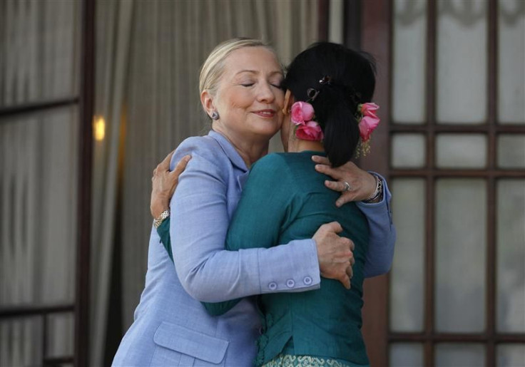 Secretary of State Hillary Clinton hugs Myanmar&#039;s pro-democracy leader Aung San Suu Kyi in Yangon December 2, 2011.