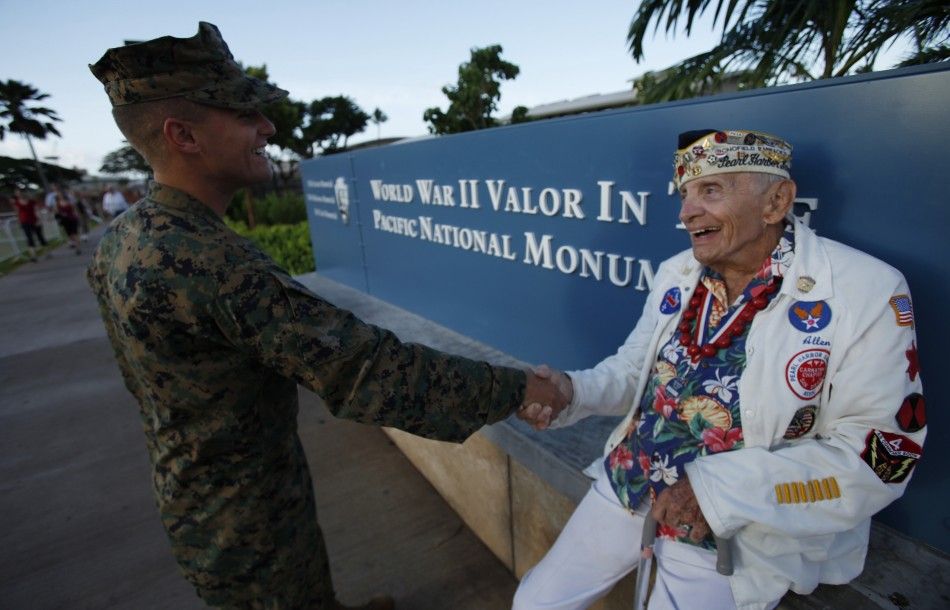 Pearl Harbor Survivor Shakes Hand of U.S. Marine