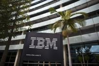 The IBM logo is seen outside the company&#039;s offices in Petah Tikva