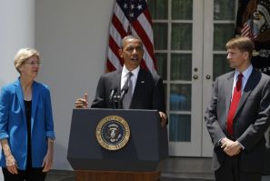 Obama with Richard Cordray and Elizabeth Warren