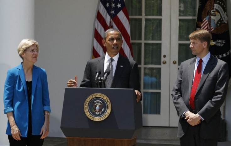 Obama with Richard Cordray and Elizabeth Warren