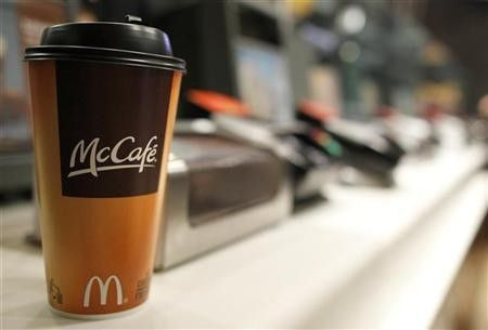 A cup of coffee is seen on a counter at a McDonald's restaurant in New York