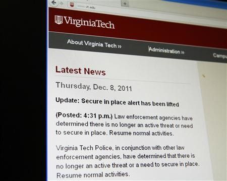 Virginia Tech University website posted this news bulletin at 4:41pm EST (2141 GMT) to announce the lifting of a campus emergency