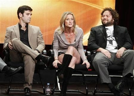 Actors Mather Zickel (L-R), Teri Polo and Dan Fogler, stars of the new comedy series ''Man Up'', take part in a panel session at the ABC Summer TCA Press Tour in Beverly Hills , California