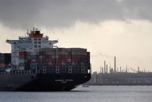 A freight ship leaves Southampton docks