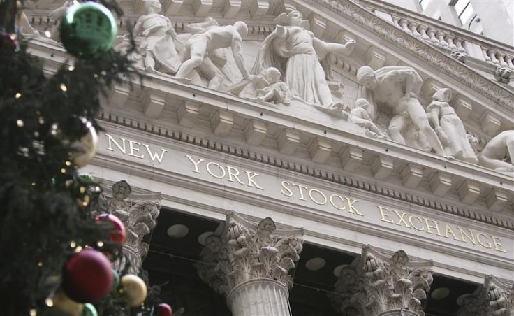 Christmas ornaments hang from a Christmas tree outside the New York Stock Exchange in New York