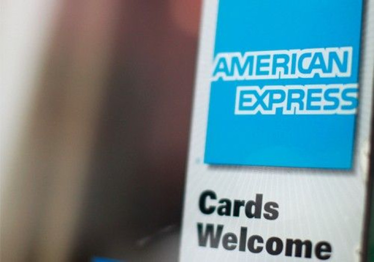 An American Express sign is seen on a restaurant door in New York