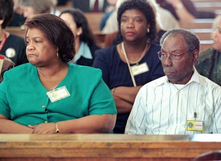 James Byrd, Sr., (R) waits with his daughter Stella Brumley as the trial of his son's accused murderer, Bill King, began February 16, 1999 in Jasper, Texas. 