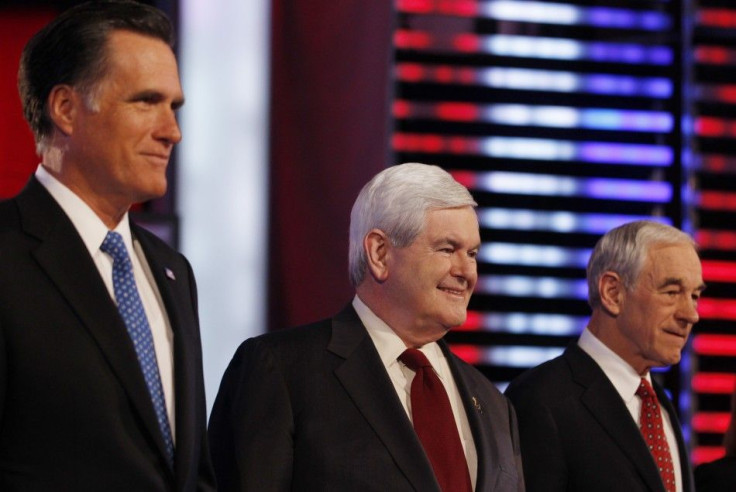 Republican presidential candidates (L-R) former Massachusetts Governor Mitt Romney, former U.S. House Speaker Newt Gingrich (R-GA) and U.S. Representative Ron Paul (R-TX)
