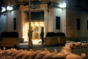 Sandbags set in front of the New York Stock Exchange in anticipation of Hurricane Sandy.