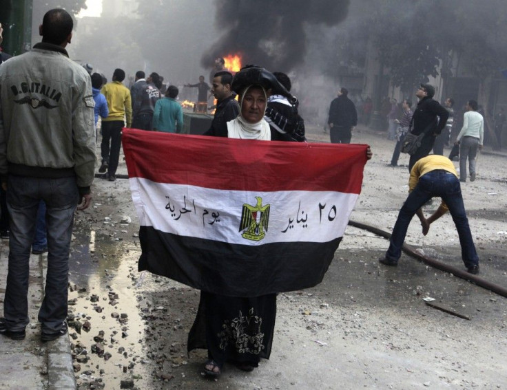 A pro-democracy activist holds the Egyptian flag amidst Cairo violence on Friday.