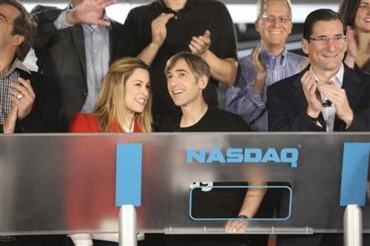 Zynga CEO Mark Pincus and his wife Ali are shown after Pincus rung the opening bell of the NASDAQ exchange remotely from Zynga&#039;s headquarters on the day of the company&#039;s IPO in San Francisco, December 16, 2011.