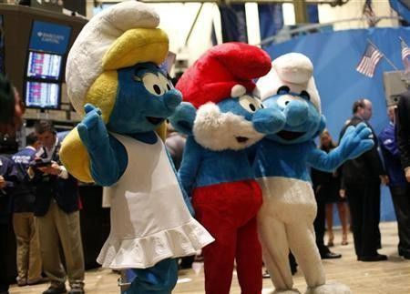 Costumed ''Smurfs'' characters wave on the main trading floor of the New York Stock Exchange, after ringing the opening bell for the Exchange's session