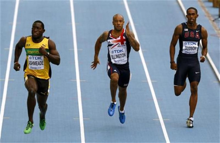 James Ellington of Britain runs next to Nickel Ashmeade of Jamaica and Jeremy Dodson of the U.S. in Daegu