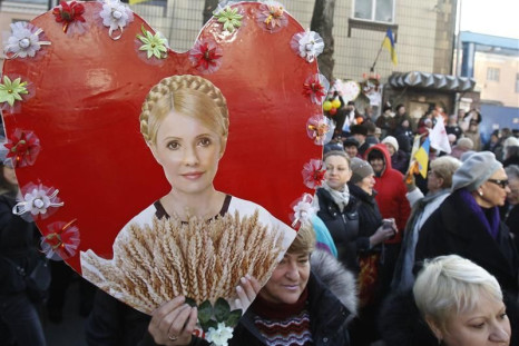 Supporters of Ukrainian former-Prime Minister Yulia Tymoshenko attend a rally in front of the prison where she is being held after being sentenced to seven years imprisonment, in Kiev