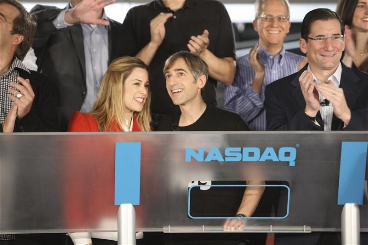 Publicity photo of Zynga CEo Mark Pincus and wife Ali following the ringing of the opening bell for the NASDAQ exchange in San Francisco