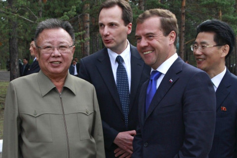 Russia&#039;s President Medvedev and North Korean leader Kim smile during their meeting at the &quot;Sosnovyi Bor&quot; military garrison in Siberia&#039;s Buryatia region in August 2011.