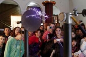 School children look at Nikola Tesla&#039;s coreless transformer displayed at the Tesla Museum in Belgrade December 17, 2011.