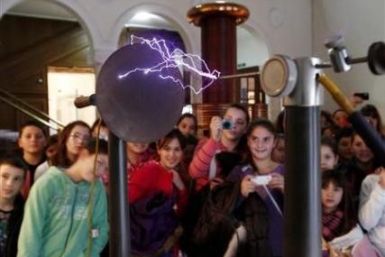 School children look at Nikola Tesla&#039;s coreless transformer displayed at the Tesla Museum in Belgrade December 17, 2011.
